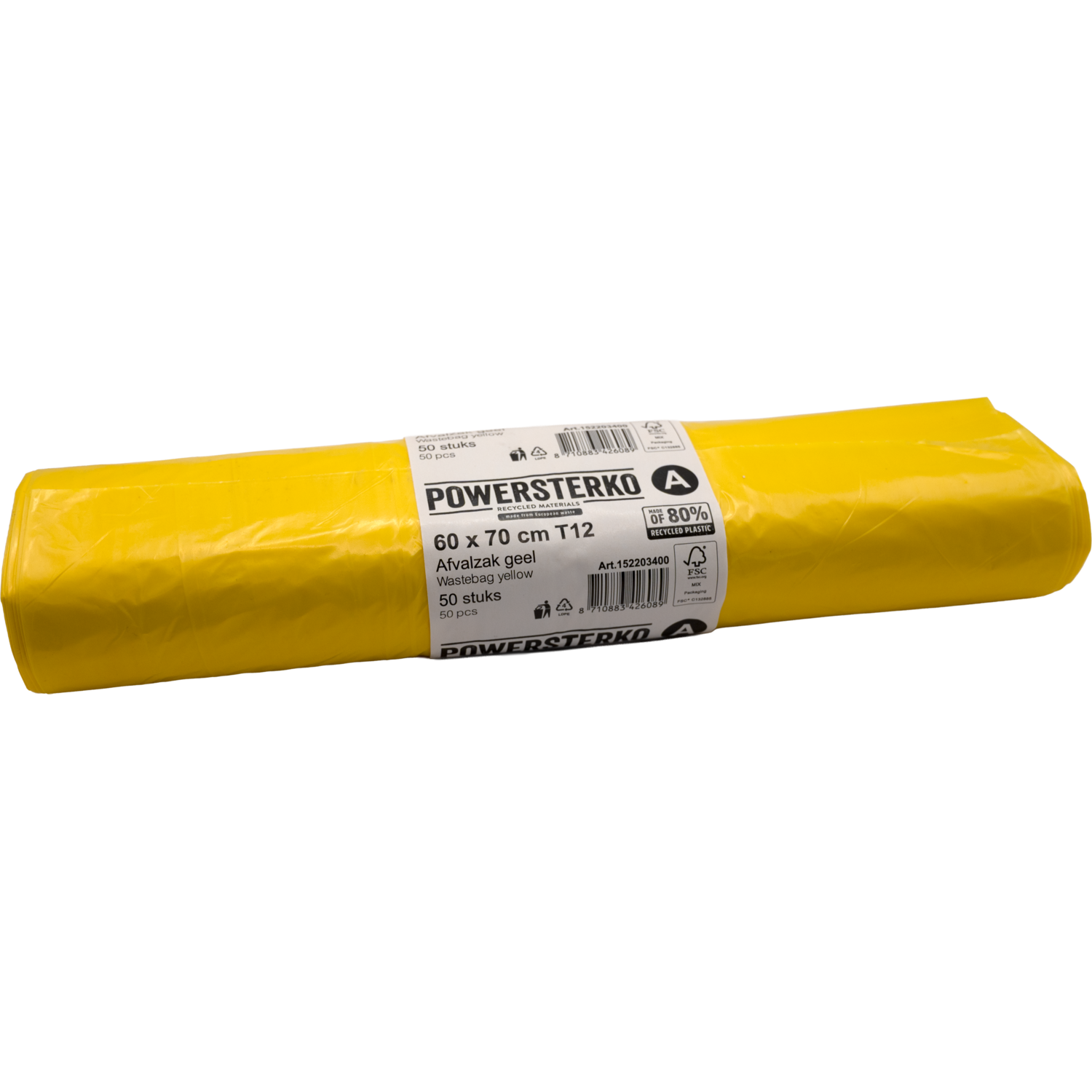 PowerSterko Afvalzak, Gerecycled LDPE, 60x70cm, T12, geel 1
