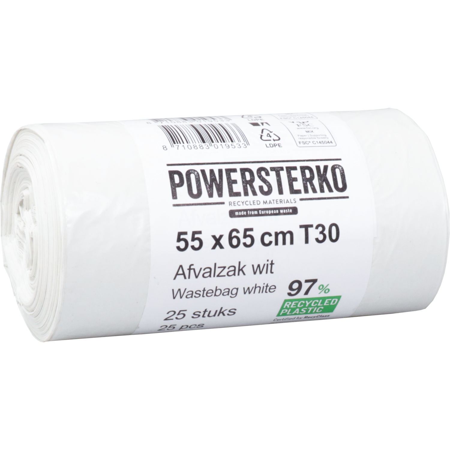 PowerSterko Afvalzak, Gerecycled LDPE, 55x65cm, T30, wit 1