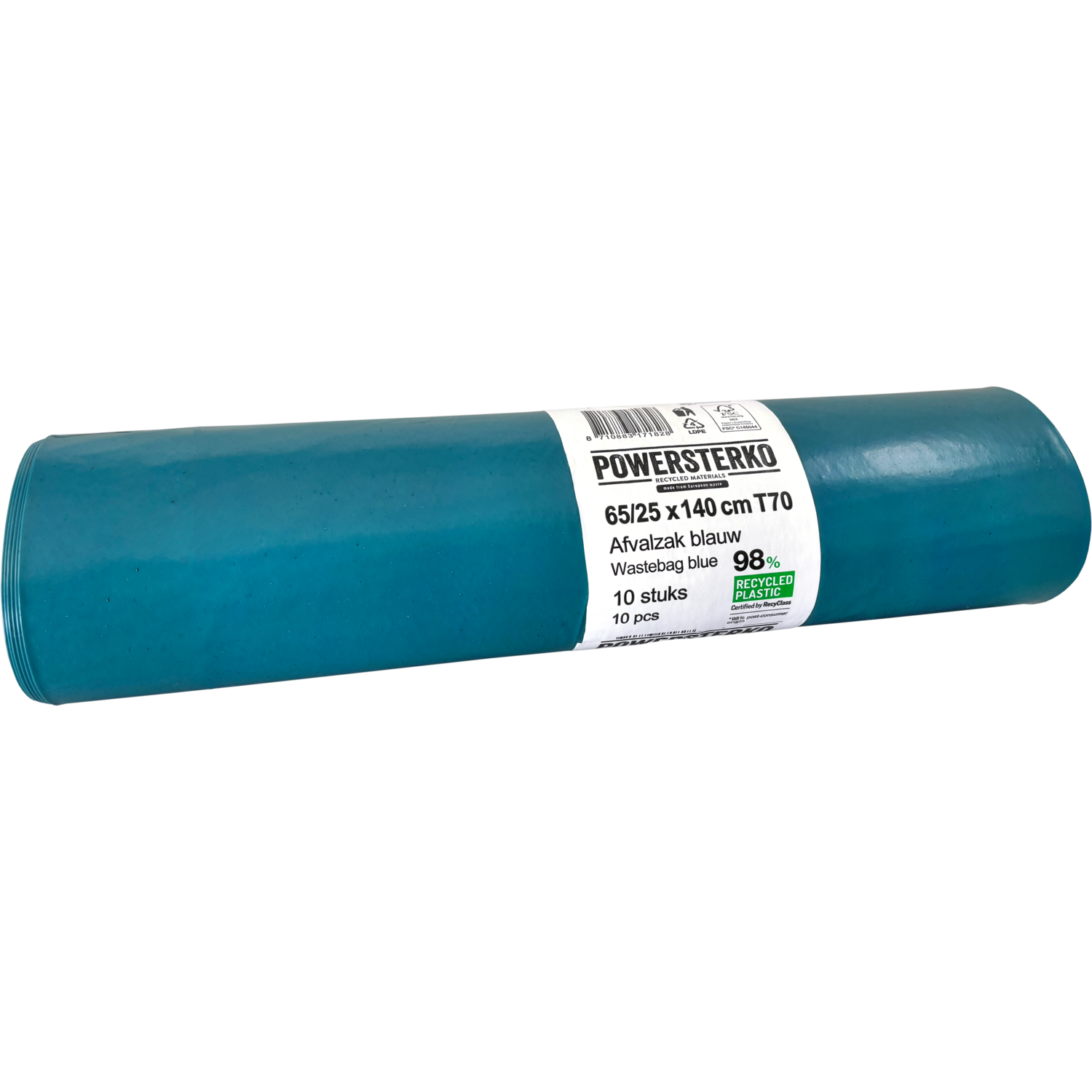 PowerSterko Afvalzak, Gerecycled LDPE, 65/ 25x140cm, T70, blauw 1