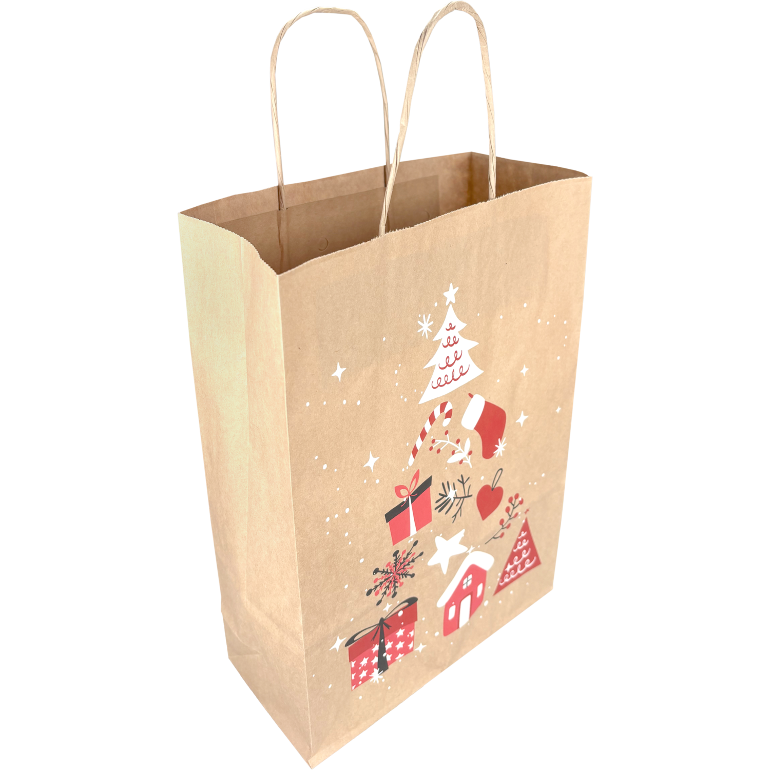 Tas, Boom, Papier, gedraaid papieren koord, 22x 10x31cm, draagtas, bruin/rood/wit/zwart 2