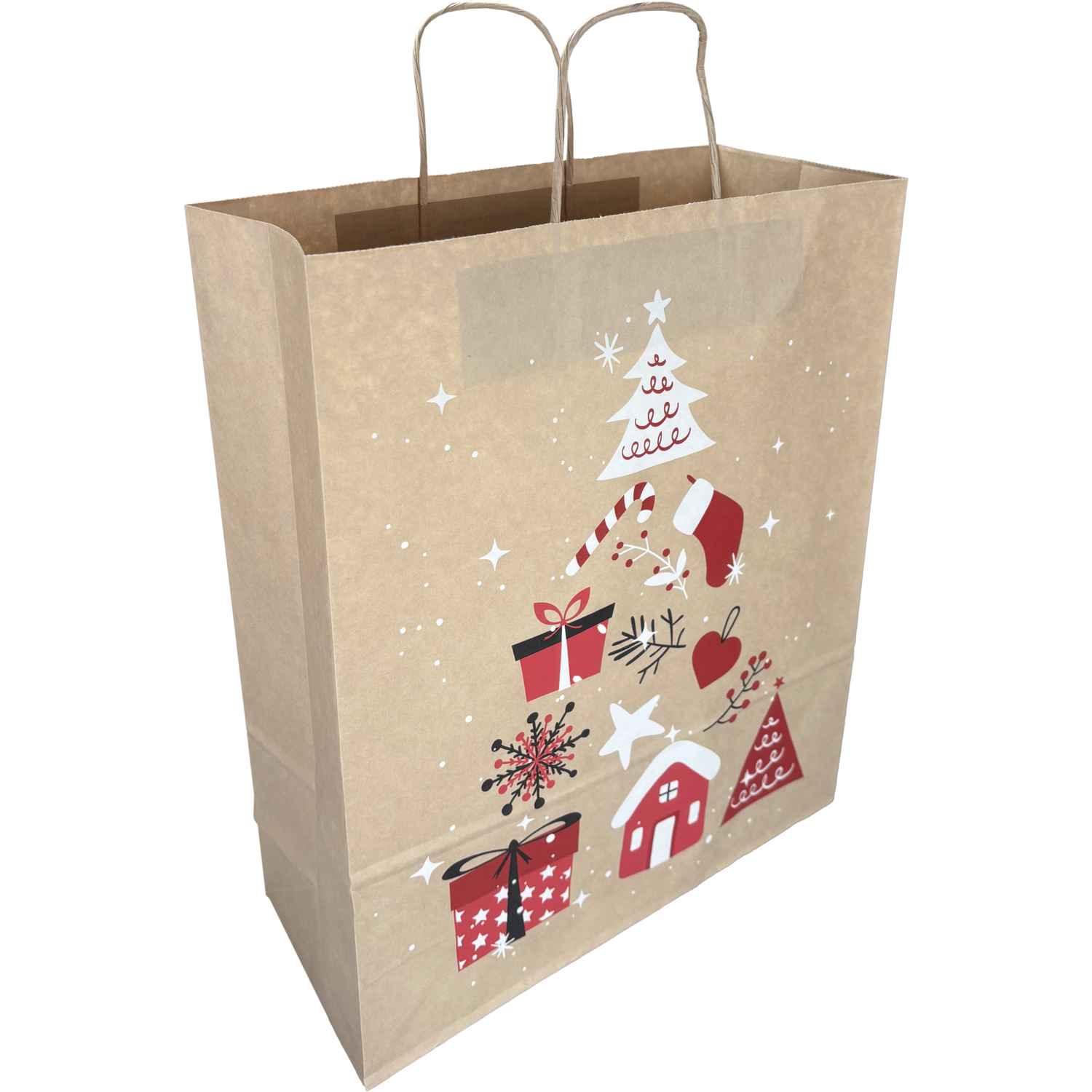 Tas, Boom, Papier, gedraaid papieren koord, 32x 12x41cm, draagtas, bruin/rood/wit/zwart 2