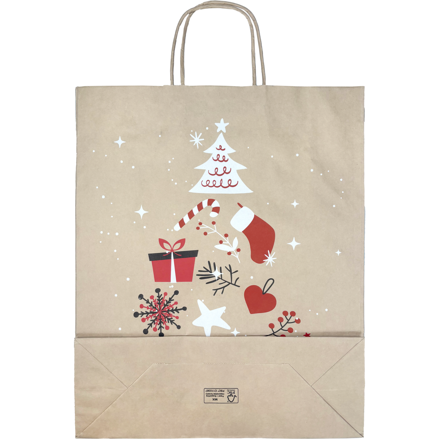 Tas, Boom, Papier, gedraaid papieren koord, 32x 12x41cm, draagtas, bruin/rood/wit/zwart 3