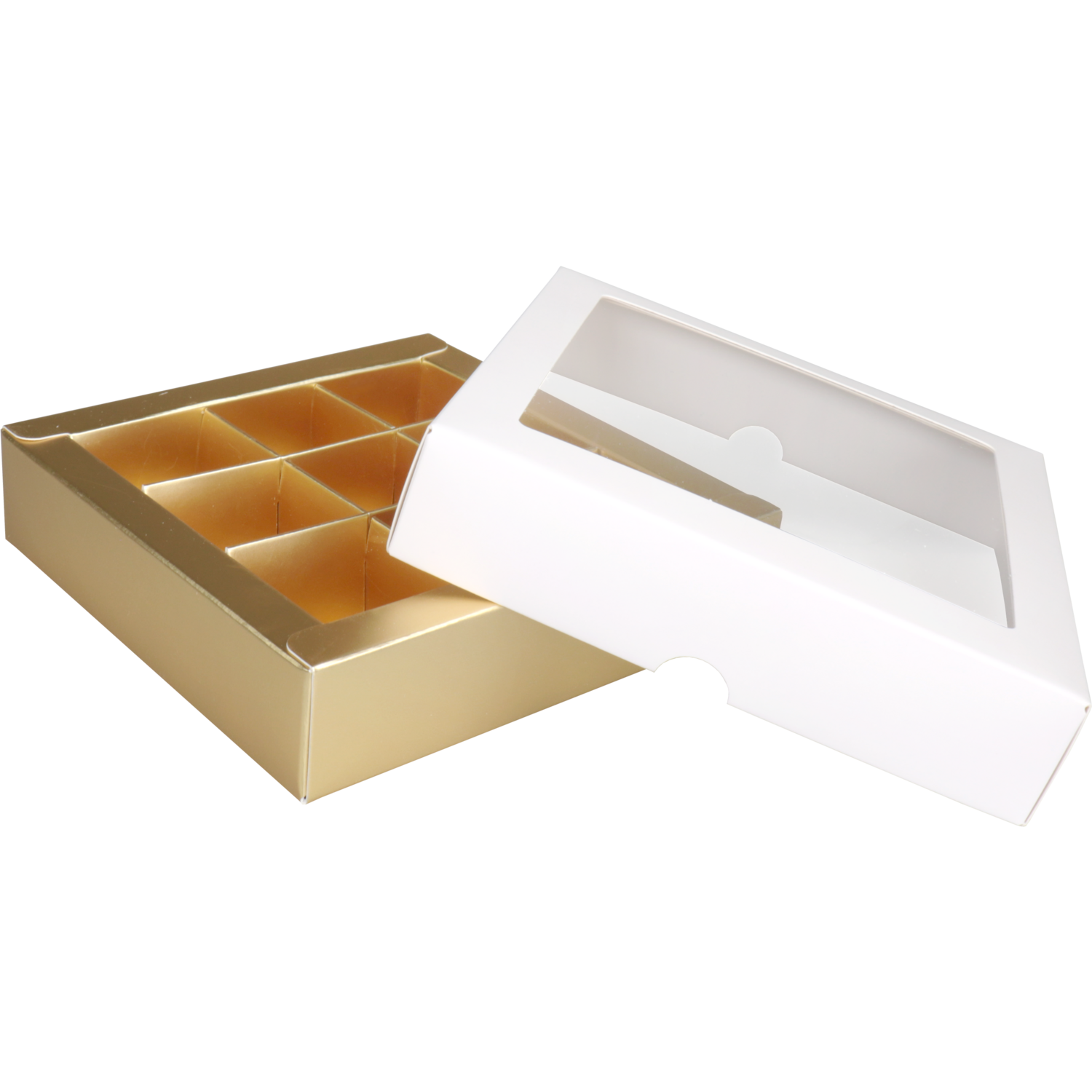  Bonbondoosje, karton + PP, 9-vaks, 105x105x30mm, wit/goud 2