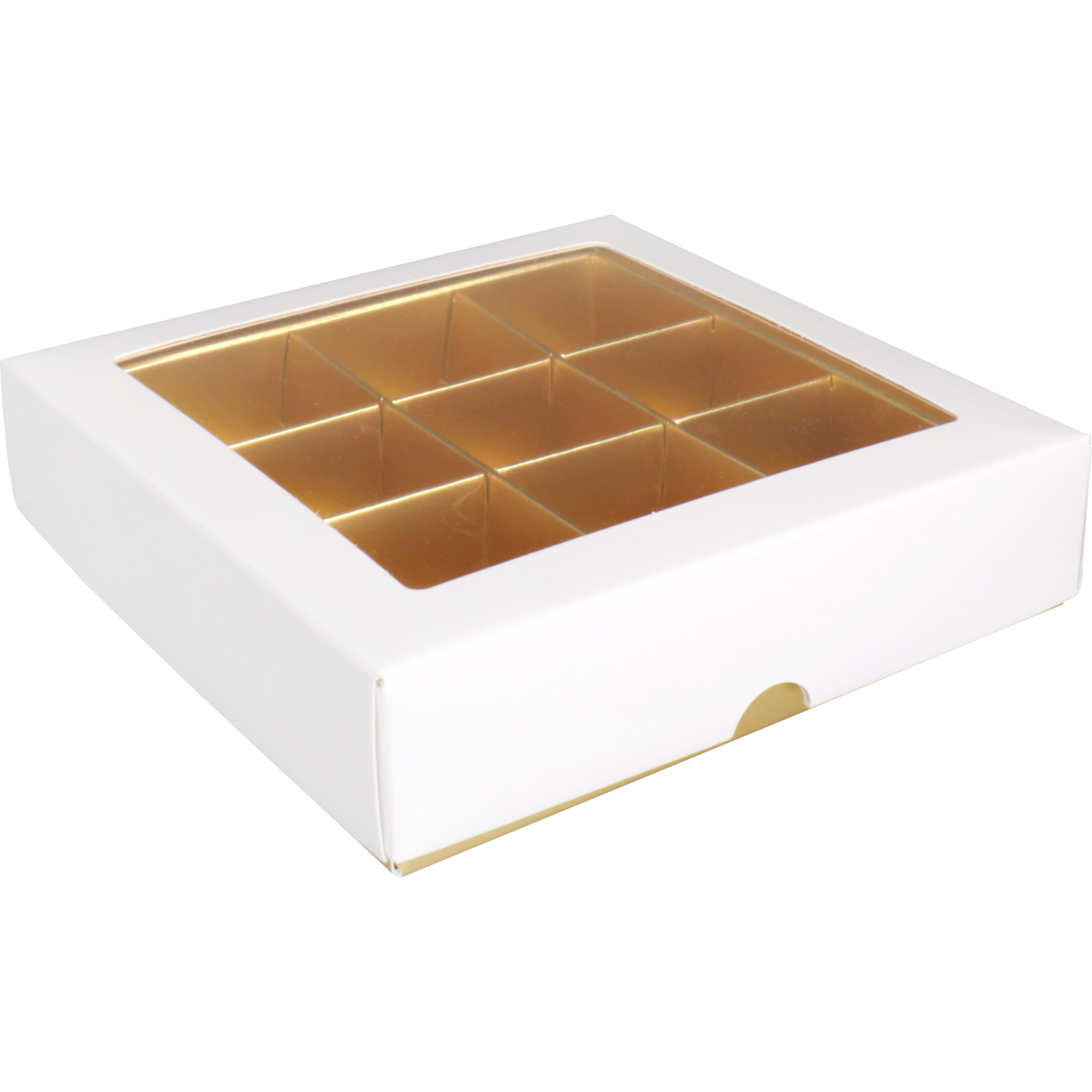  Bonbondoosje, karton + PE, 9-vaks, 105x105x30mm, wit/goud 1