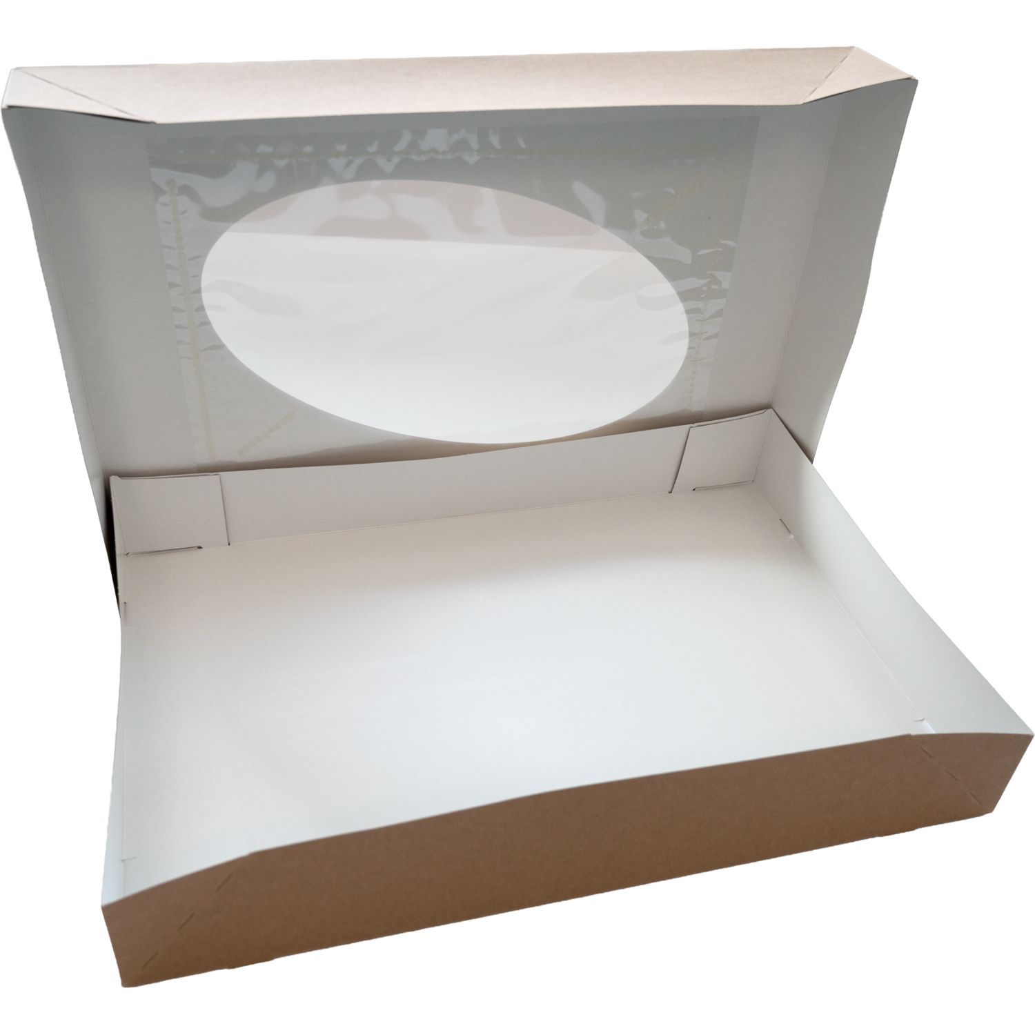  Cateringdoos, karton + PET, 550x375x80mm, met venster, losse deksel, bruin/wit 3