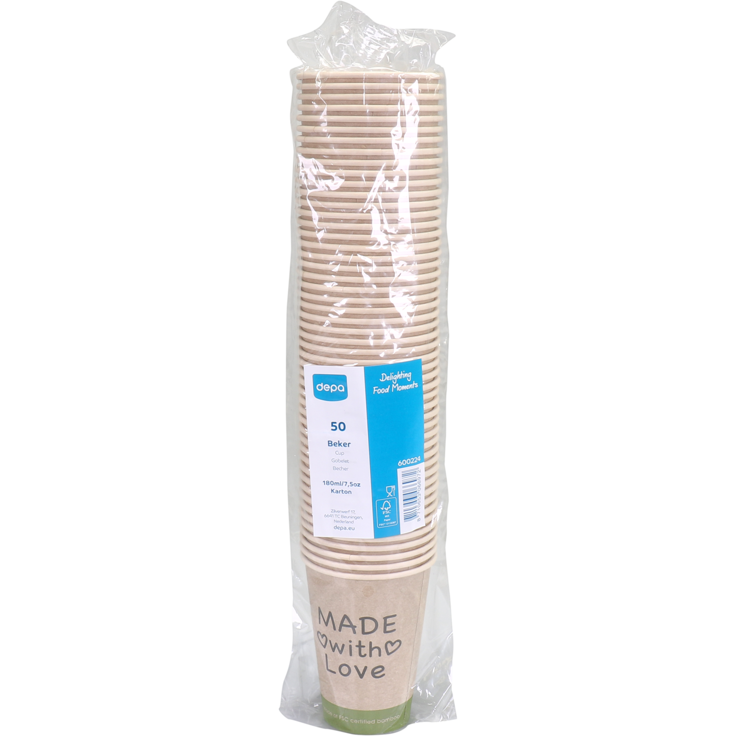  Beker, Made with Love, Bamboepapier + PE, 180ml, 7.5oz, Ø70.3mm,  2