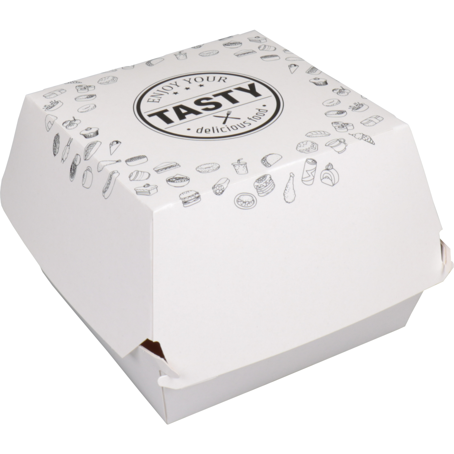 Bak, Karton + kleicoating, TASTY, hamburgerbak, 120x120x100mm, wit 1