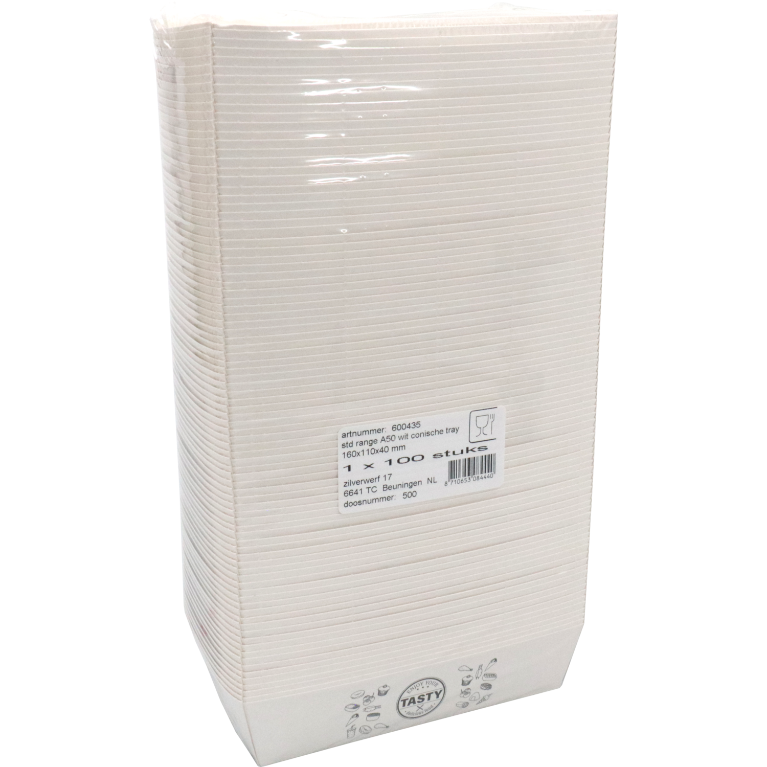 Bak, Karton + kleicoating, A50, TASTY, snackbak, 160x110x40mm, wit 3