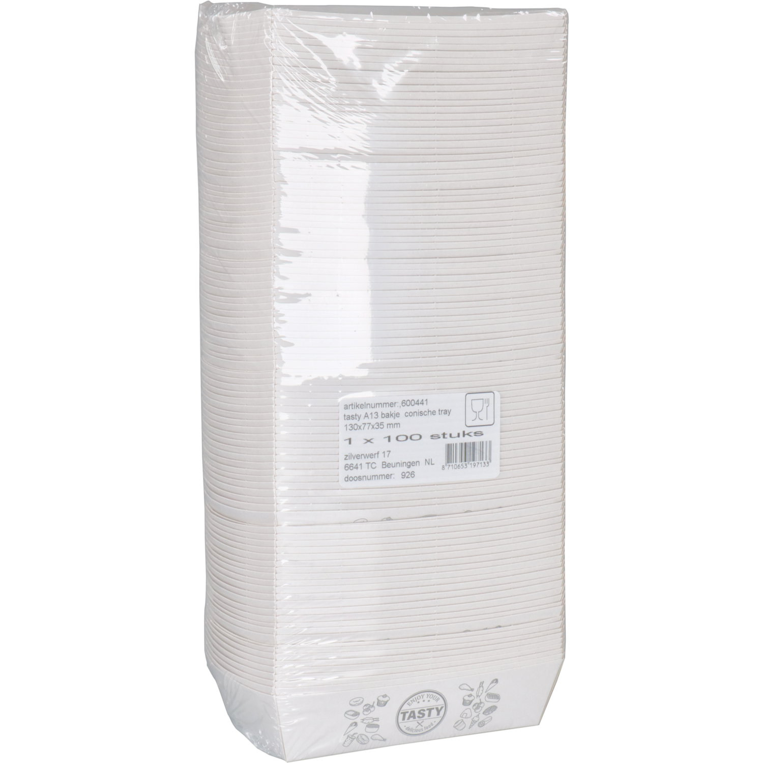 Bak, Karton + kleicoating, A13, TASTY, snackbak, 130x77x35mm, wit 3