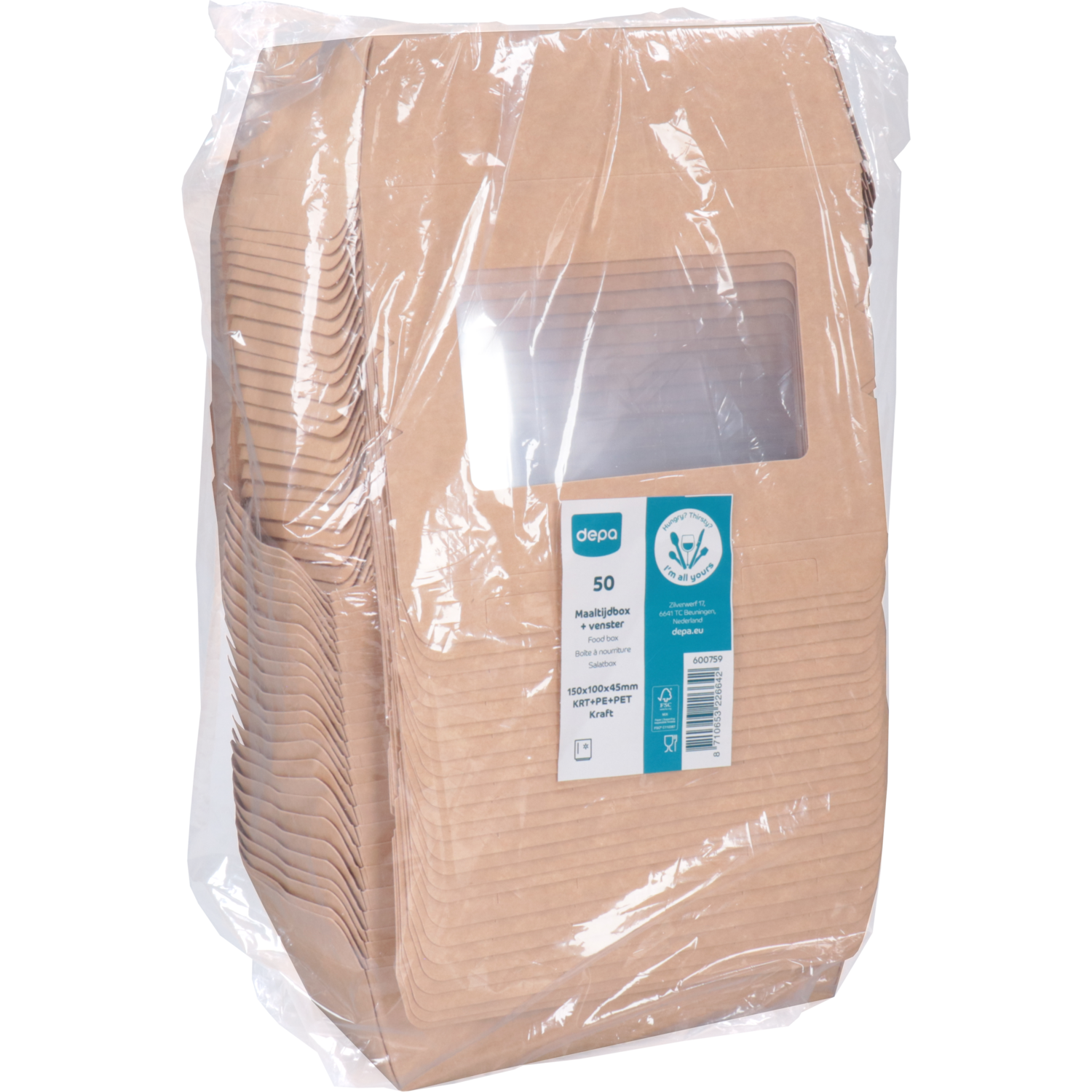 Depa Bak, Karton + PE + PET-coating, met venster, maaltijdbox, 150x100x45mm, bruin 4