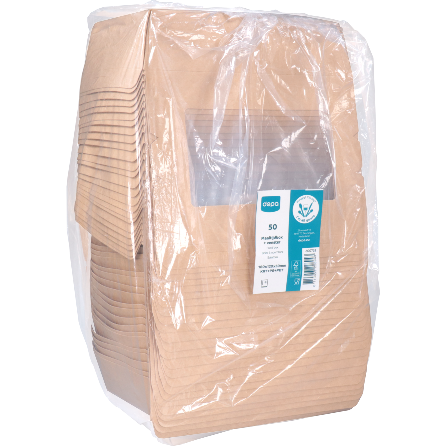Depa Bak, Karton + PE + PET-coating, met venster, maaltijdbox, 180x120x50mm, bruin 4