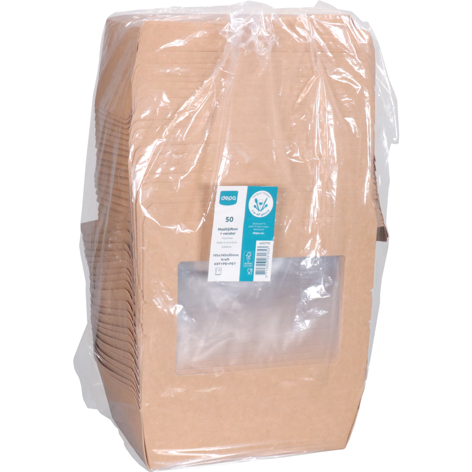 Depa Bak, Karton + PE + PET-coating, met venster, maaltijdbox, 195x140x50mm, bruin 4