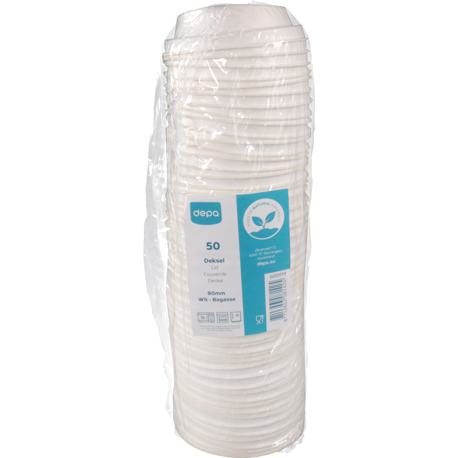 Depa Deksel, Bagasse (suikerrietpulp), Ø80mm, wit 3