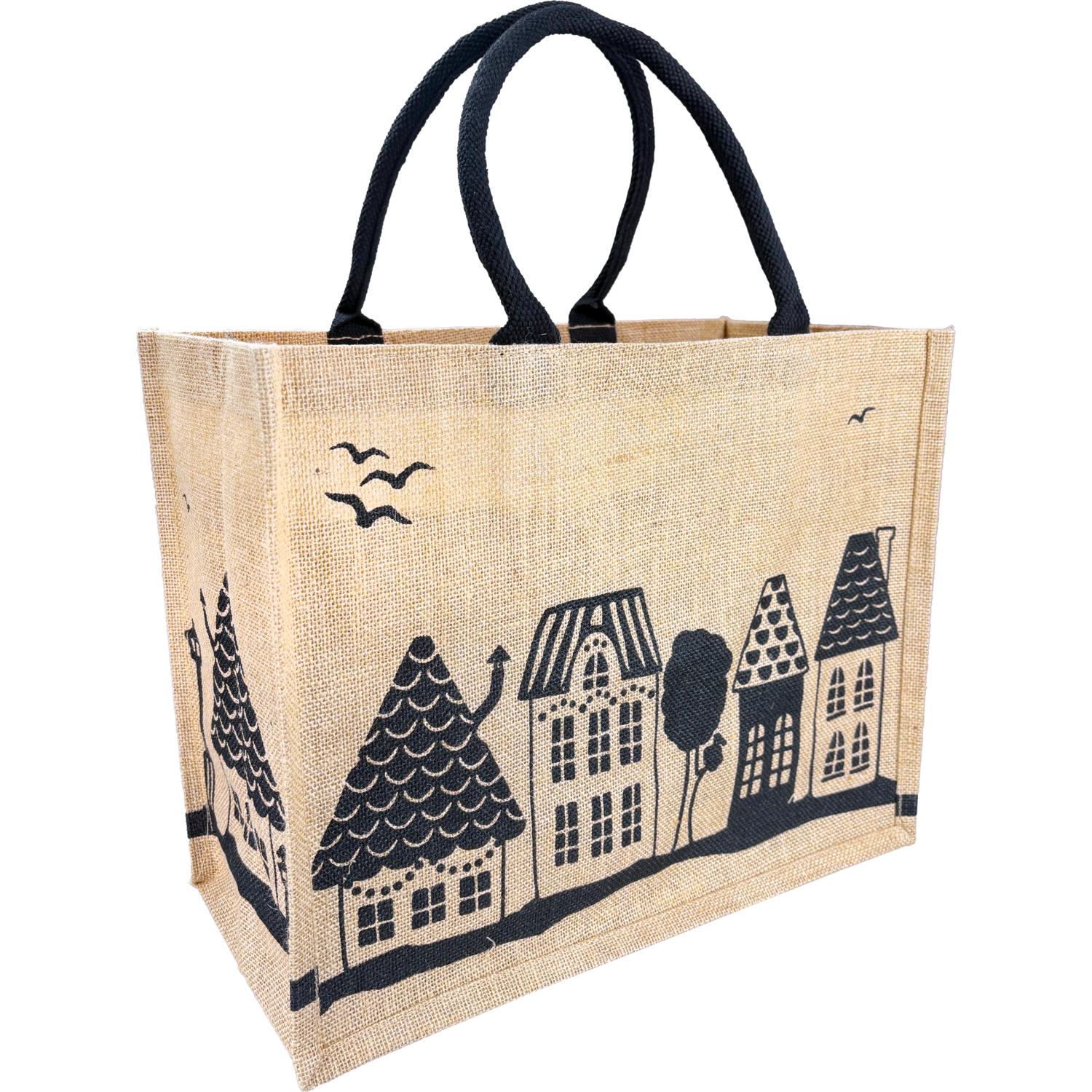 Shopper, Kerstmis, Jute, Huisjes, 43x 20x34cm, naturel/zwart 1