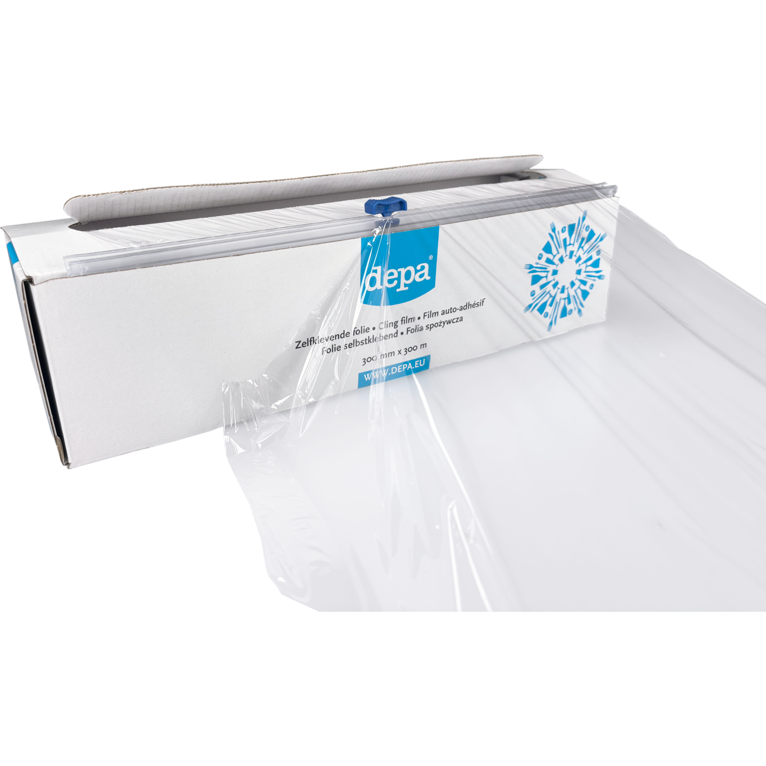 Depa Folie, zelfklevend, op rol/dispenserdoos, PVC, 30cm, 300m, 8my, transparant 3