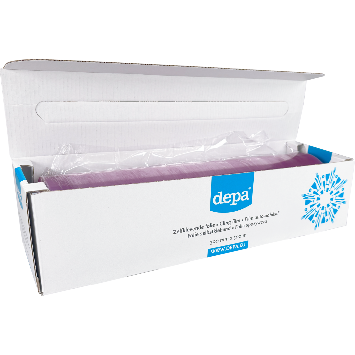 Depa Folie, zelfklevend, op rol/dispenserdoos, PVC, 30cm, 300m, 8my, transparant 4