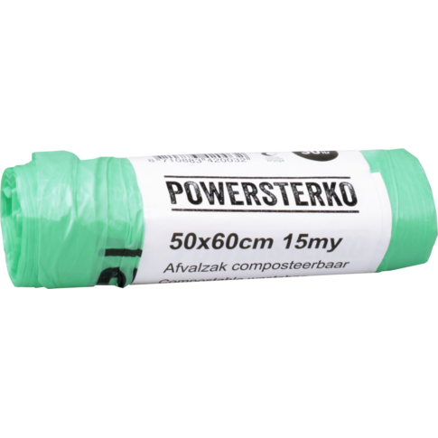 PowerSterko Afvalzak, Bioplastic o.b.v. zetmeelblend, 30l, 50x60cm, 15my, groen