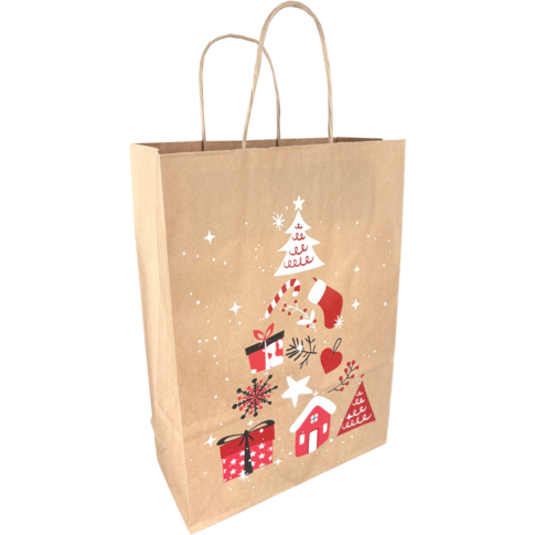 Tas, Boom, Papier, gedraaid papieren koord, 22x 10x31cm, draagtas, bruin/rood/wit/zwart