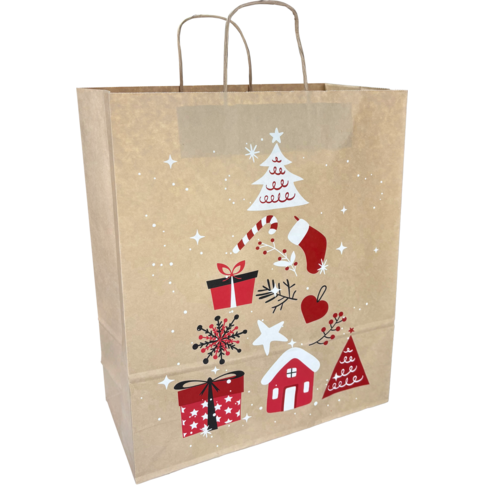 Tas, Boom, Papier, gedraaid papieren koord, 32x 12x41cm, draagtas, bruin/rood/wit/zwart