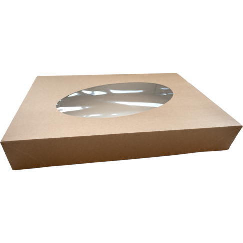  Cateringdoos, karton + PET, 550x375x80mm, met venster, losse deksel, bruin/wit