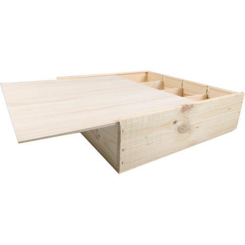 Wijnkist, 4 flessen, schuifdeksel, 340x340x85mm, hout, naturel