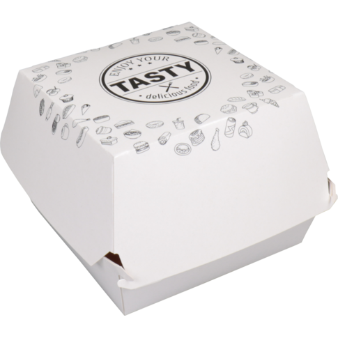Bak, Karton + kleicoating, TASTY, hamburgerbak, 120x120x100mm, wit