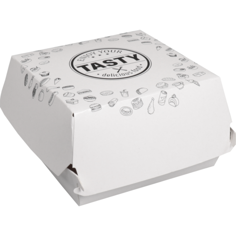 Bak, Karton + kleicoating, TASTY, hamburgerbak, 115x115x70mm, wit