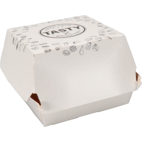Bak, Karton + kleicoating, TASTY, hamburgerbak, 90x90x70mm, wit