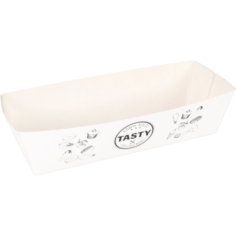 Bak, Karton + kleicoating, A5, TASTY, snackbak, 105x33x30mm, wit