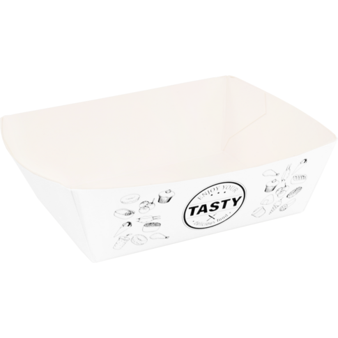 Bak, Karton + kleicoating, A7, TASTY, snackbak, 90x70x35mm, wit