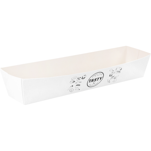 Bak, Karton + kleicoating, A16n, TASTY, snackbak, 185x33x35mm, wit
