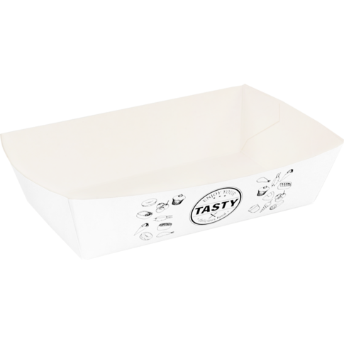 Bak, Karton + kleicoating, A9, TASTY, snackbak, 120x70x35mm, wit