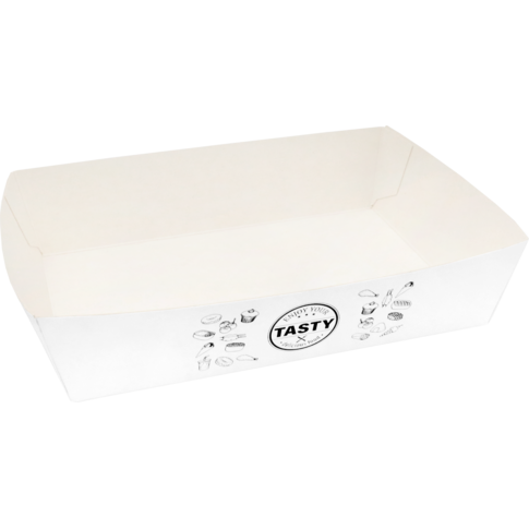 Bak, Karton + kleicoating, A50, TASTY, snackbak, 160x110x40mm, wit