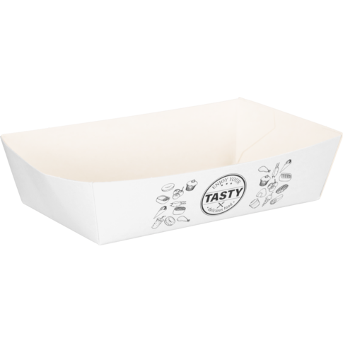 Bak, Karton + kleicoating, A13, TASTY, snackbak, 130x77x35mm, wit