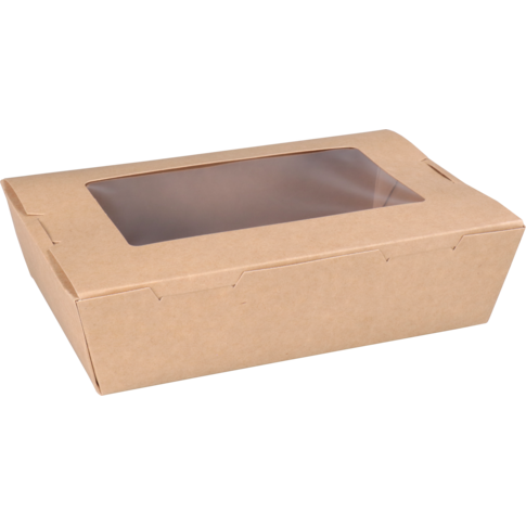 Depa Bak, Karton + PE + PET-coating, met venster, maaltijdbox, 180x120x50mm, bruin