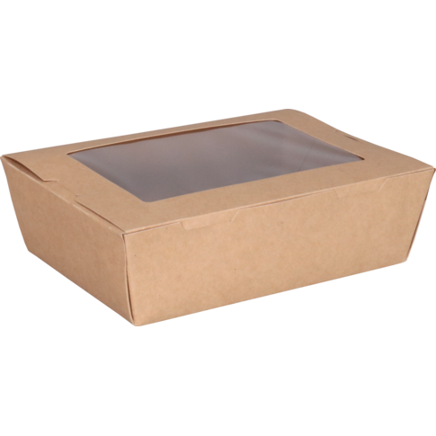 Depa Bak, Karton + PE + PET-coating, met venster, maaltijdbox, 195x140x50mm, bruin