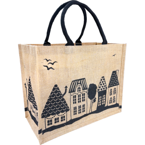 Shopper, Kerstmis, Jute, Huisjes, 43x 20x34cm, naturel/zwart