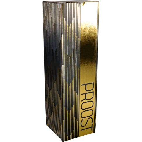  Flesdoos, Proost, kraftpapier + PE, 1 fles, 95x95x330mm, zwart/goud