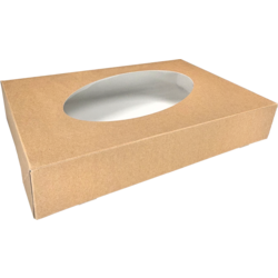  Cateringdoos, karton + PET, 460x310x80mm, met venster, bruin/wit