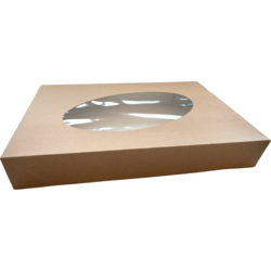  Cateringdoos, karton + PET, 550x375x80mm, met venster, losse deksel, bruin/wit