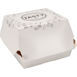 Bak, Karton + kleicoating, TASTY, hamburgerbak, 90x90x70mm, wit